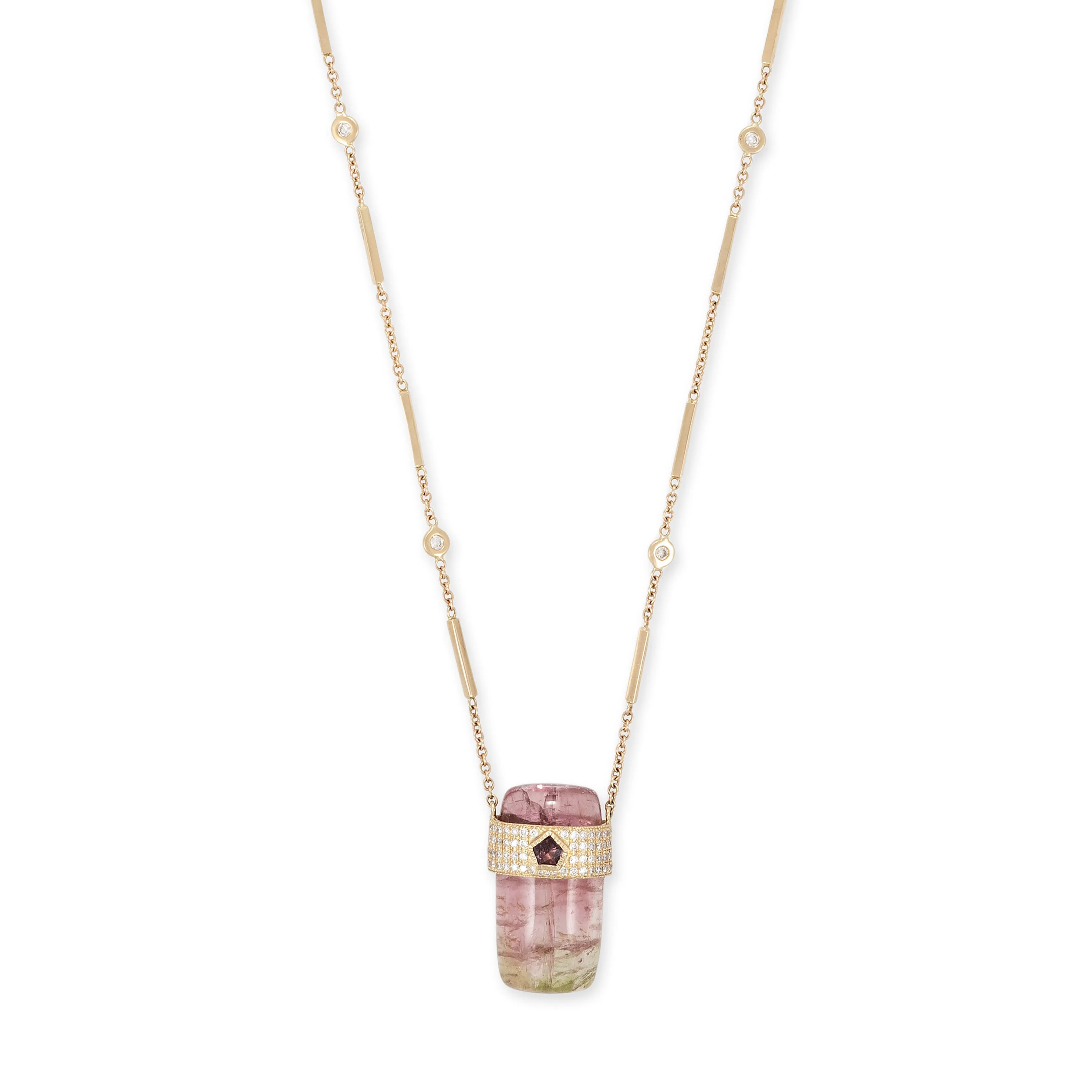 PAVE PINK SAPPHIRE CENTER CAP   WATERMELON TOURMALINE CRYSTAL NECKLACE