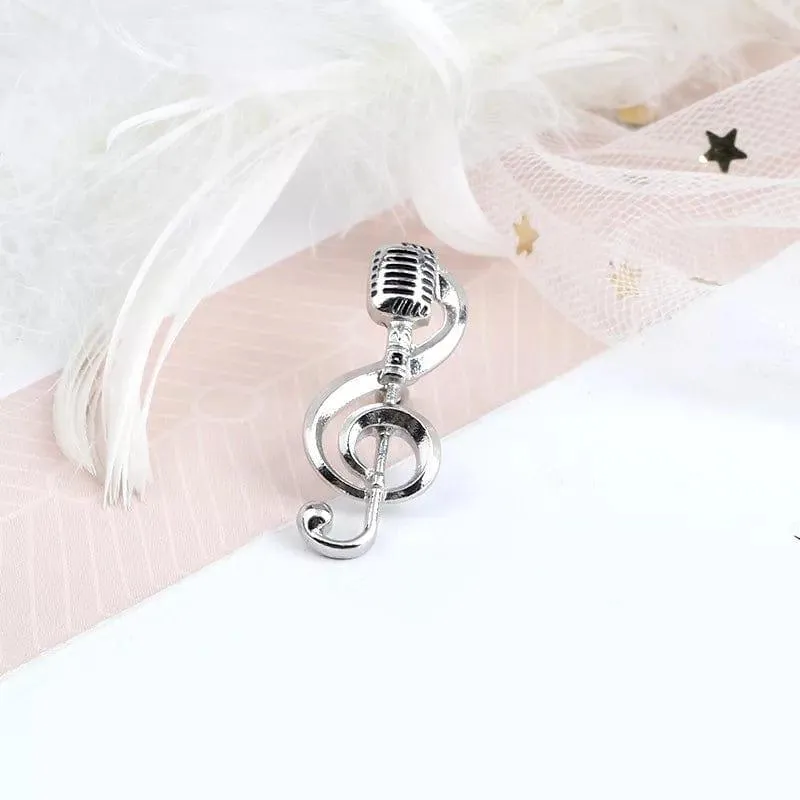 Treble Clef and Microphone Brooch / Pin - Silver Colour