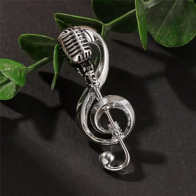 Treble Clef and Microphone Brooch / Pin - Silver Colour