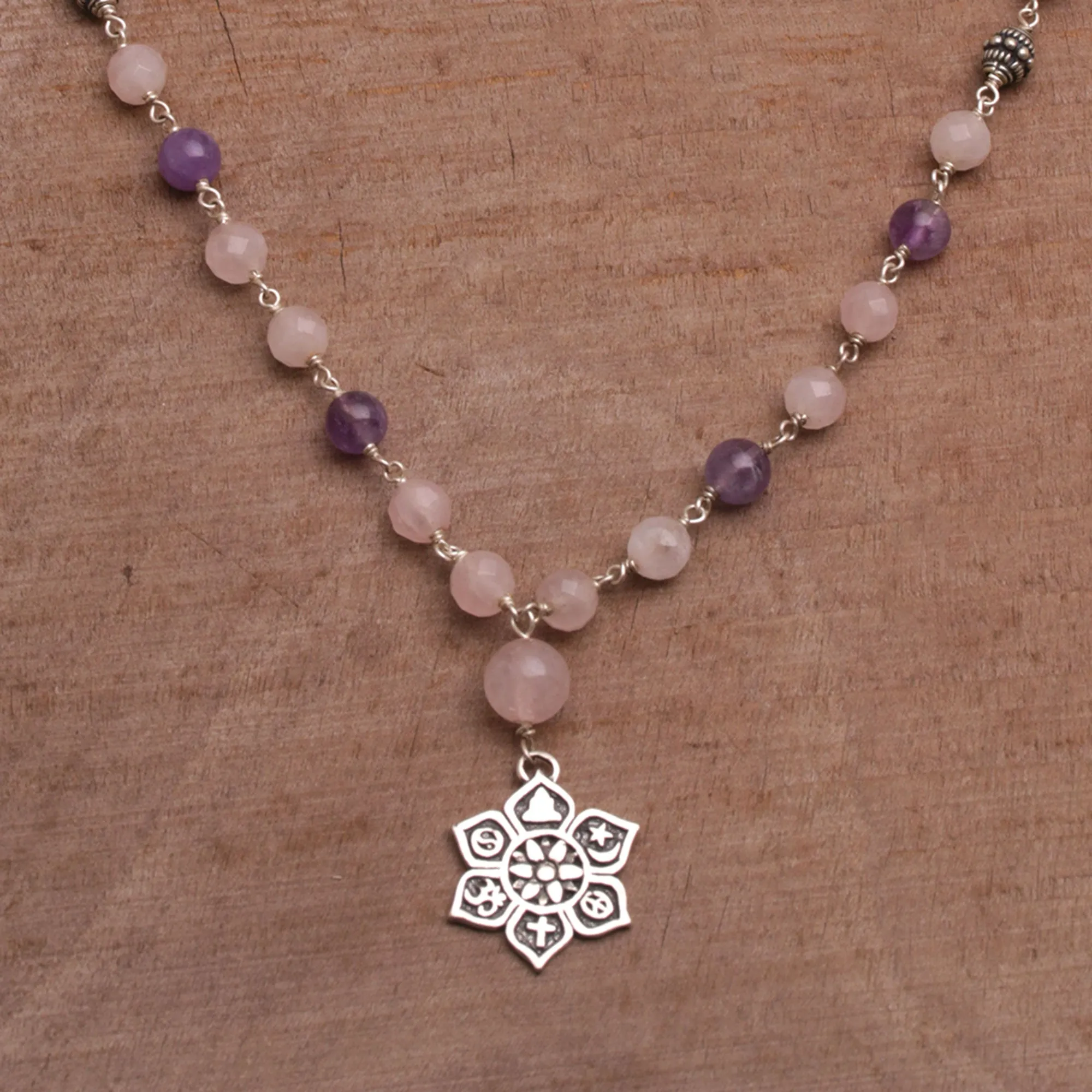 Unity in Meditation Floral Rose Quartz and Amethyst Pendant Necklace from Bali